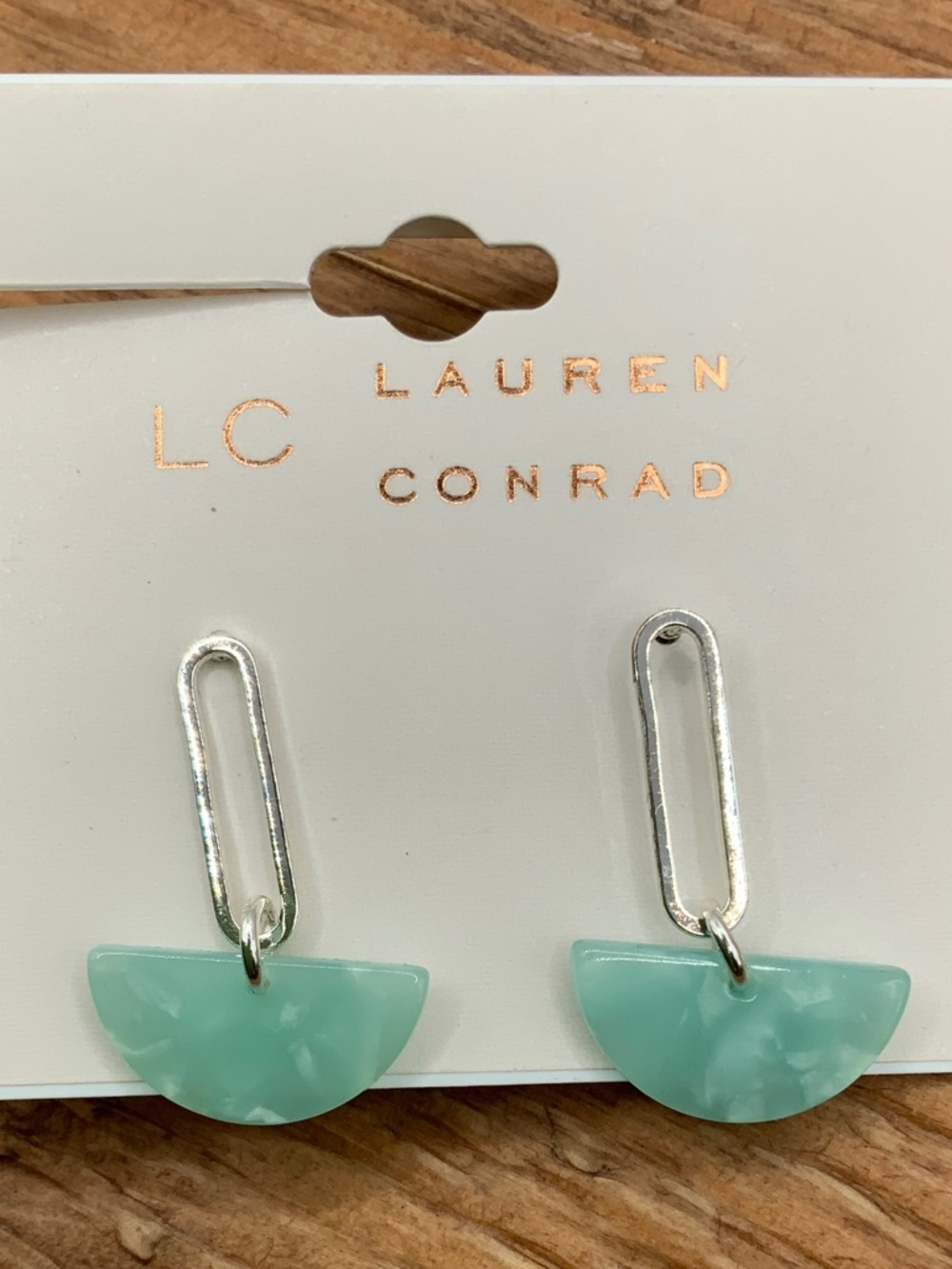 LC Lauren Conrad Mint Green Paper Clip Half Moon Resin Silver Tone Drop Earrings